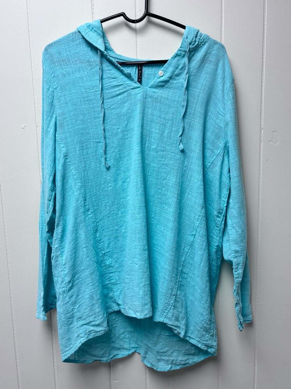 North River Hooded Button Front Pullover Size XL Blue Green Linen Blend Top